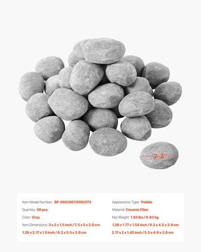 Ceramic Fire Pebble Stones, 50.8-76.2 mm 30 Pcs Lava Rocks, Reusable Fire Pit Stones Indoor and Outdoor Use, Decorative Firepit Rocks for Propane/Gas Fireplace, Stove, Courtyard, Camping