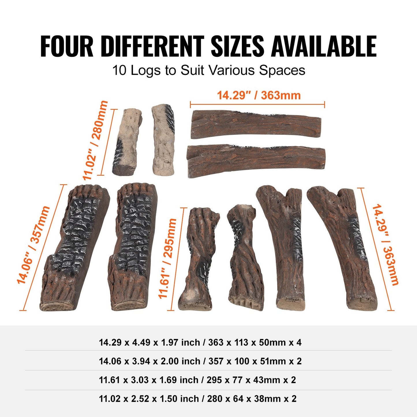 10 Piece Ceramic Gas Fireplace Logs, Heat-Resistant Decorative Wood Set