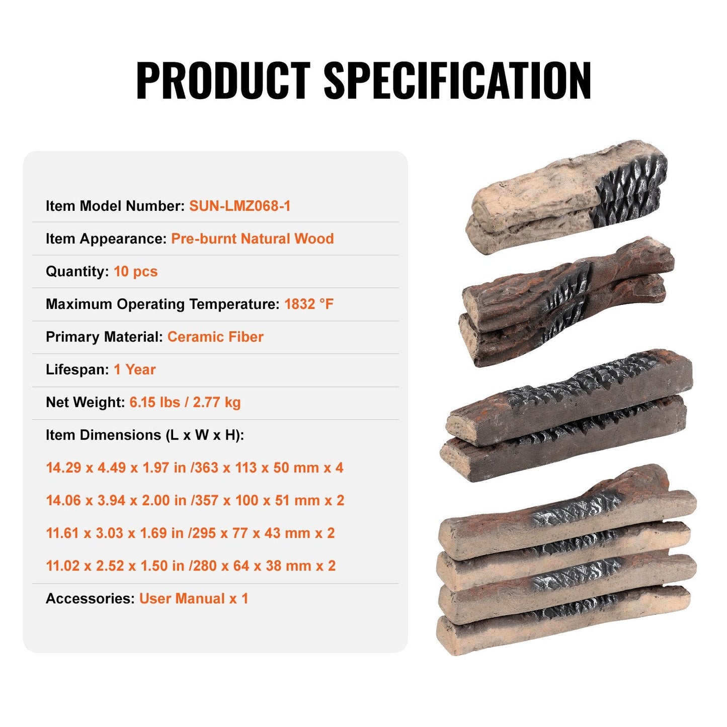 10 Piece Ceramic Gas Fireplace Logs, Heat-Resistant Decorative Wood Set