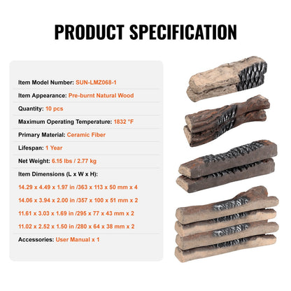10 Piece Ceramic Gas Fireplace Logs, Heat-Resistant Decorative Wood Set