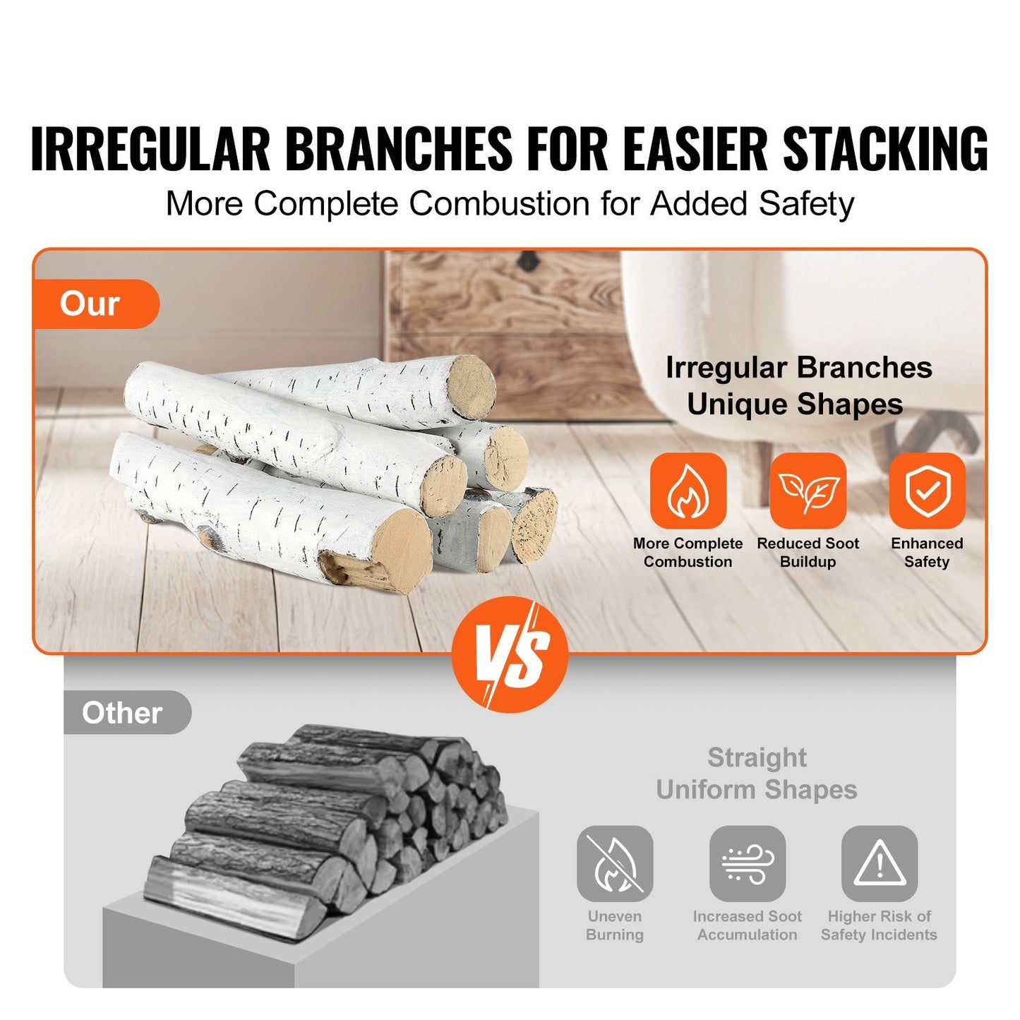 VEVOR 6 Pcs Large Withe Birch Logs, Gas Fireplace Ceramic Logs for Fire place, Heat-Resistant