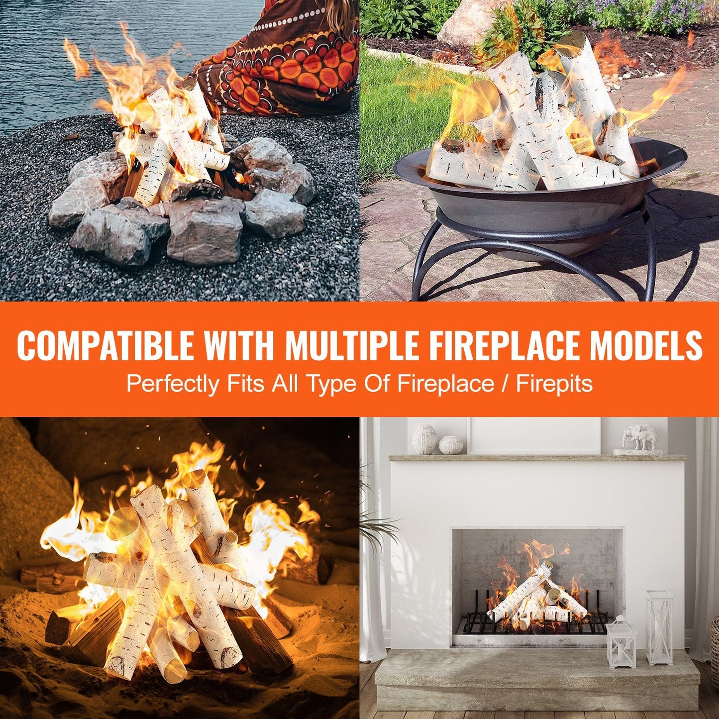 6-Piece Heat-Resistant Ceramic Birch Logs for Gas Fireplaces, Indoor/Outdoor Use