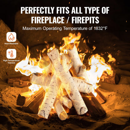 6-Piece Heat-Resistant Ceramic Birch Logs for Gas Fireplaces, Indoor/Outdoor Use