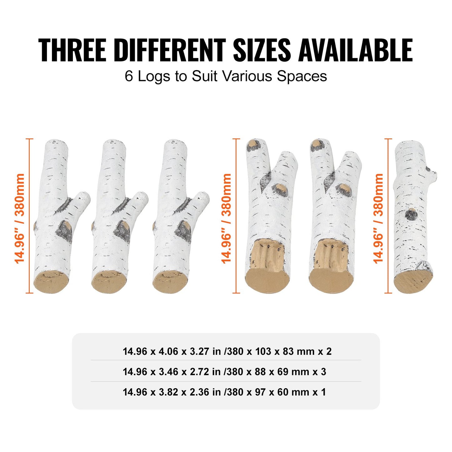 VEVOR 6 Pcs Large Withe Birch Logs, Gas Fireplace Ceramic Logs for Fire place, Heat-Resistant
