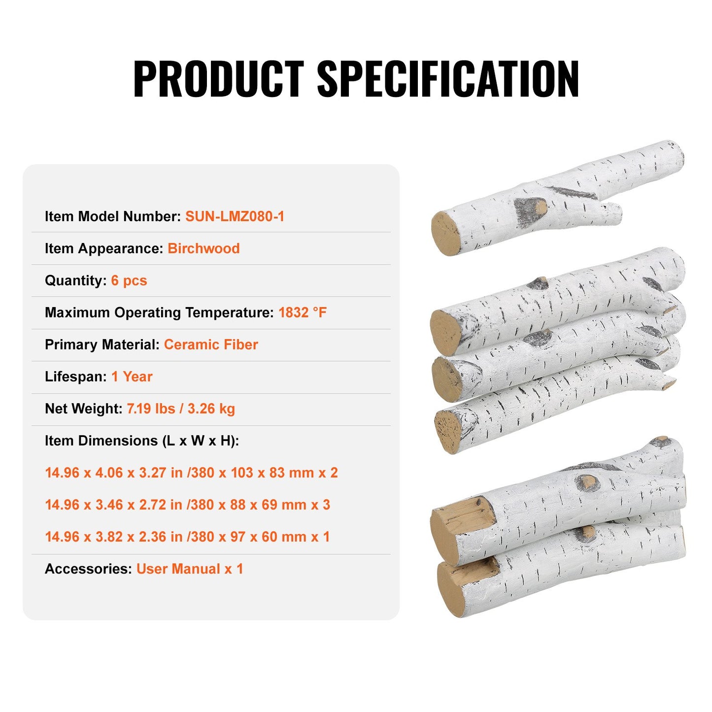 VEVOR 6 Pcs Large Withe Birch Logs, Gas Fireplace Ceramic Logs for Fire place, Heat-Resistant