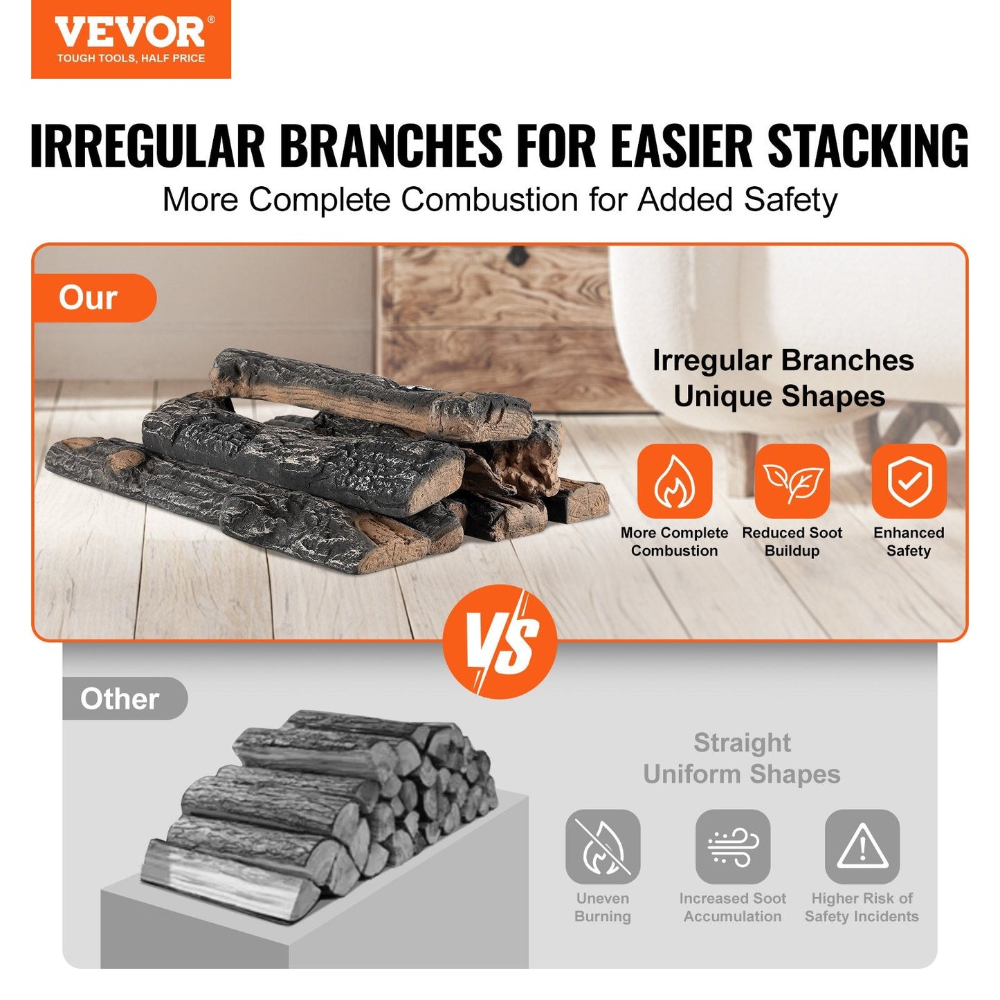 8-Piece Oak Ceramic Logs for Gas Fireplace, Heat-Resistant and Realistic