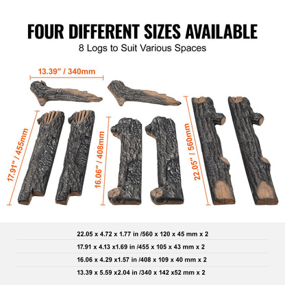 VEVOR 8 Pcs Oak Logs, Gas Fireplace Ceramic Logs for Fire place, Heat-Resistant