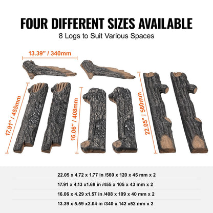 8-Piece Oak Ceramic Logs for Gas Fireplace, Heat-Resistant and Realistic