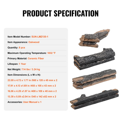 VEVOR 8 Pcs Oak Logs, Gas Fireplace Ceramic Logs for Fire place, Heat-Resistant