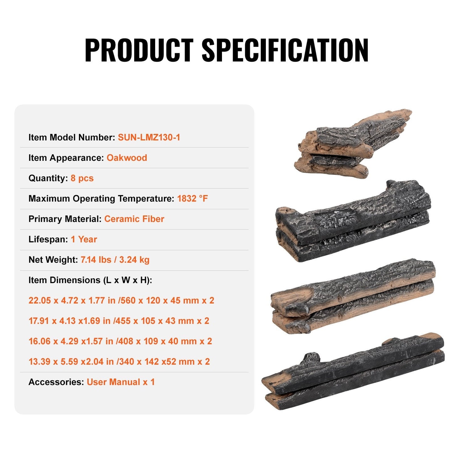 8-Piece Oak Ceramic Logs for Gas Fireplace, Heat-Resistant and Realistic