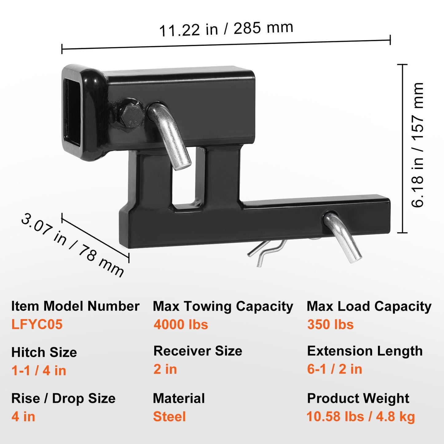 VEVOR Hitch Adapter, 1-1/4" to 2" Receiver Hitch Extender Extension, Trailer Hitch
