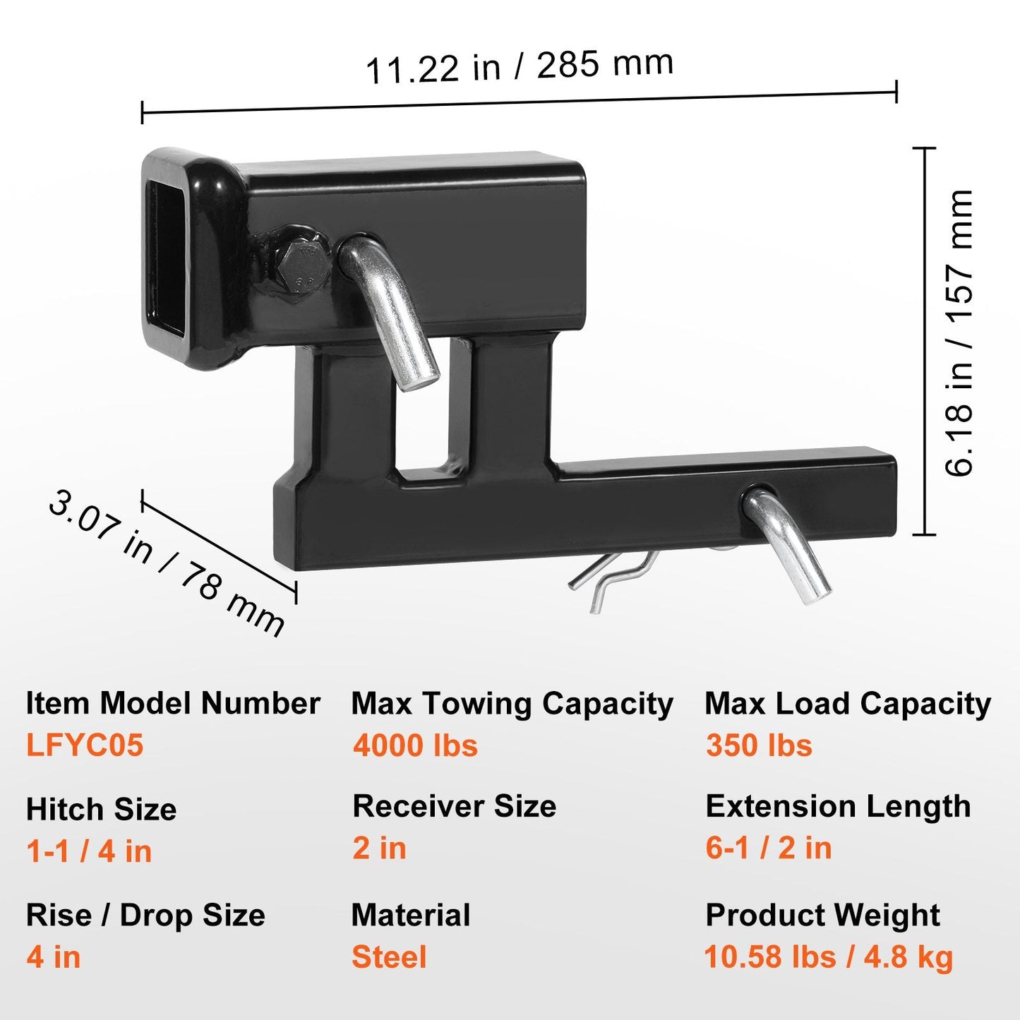 Universal Hitch Adapter: 1.25m to 2m Extender, 1.8t Capacity, Steel, Black