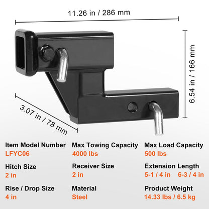 Trailer Hitch Riser for 2" Receiver, 0.1m Rise/Drop, 1814kg Towing Capacity