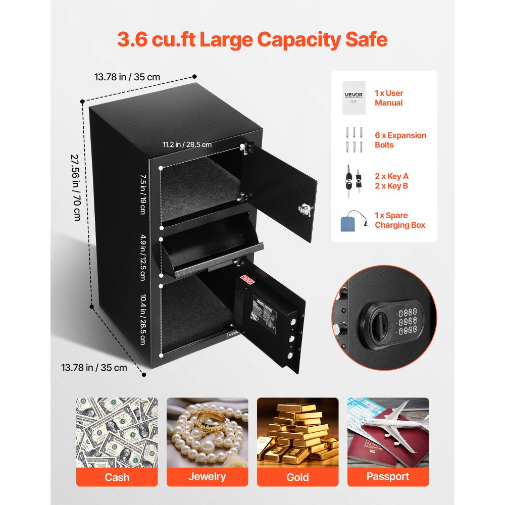 3.6 Cubic Feet Drop Safe Large Capacity 3 Tiers Drop Slot Safe Box Black