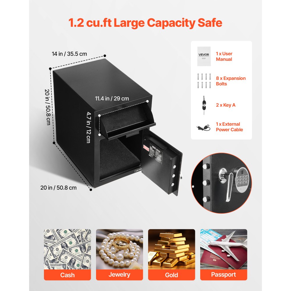 1.2 Cubic Feet Drop Safe Large Capacity 2 Tiers Drop Slot Safe Box Black