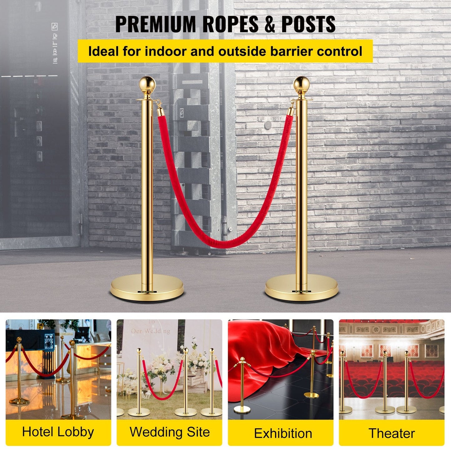 Gold Stanchions with 1.5 m Red Velvet Rope - Set of 2 Crowd Control Barriers