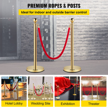VEVOR Velvet Ropes and Posts Gold Stanchion 5ft1.5 m Crowd Control Barriers 2PCS