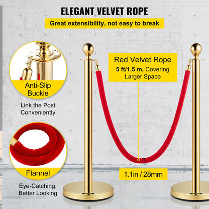 Gold Stanchions with 1.5 m Red Velvet Rope - Set of 2 Crowd Control Barriers