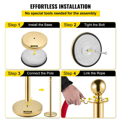 Gold Stanchions with 1.5 m Red Velvet Rope - Set of 2 Crowd Control Barriers