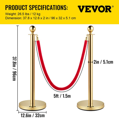 Gold Stanchions with 1.5 m Red Velvet Rope - Set of 2 Crowd Control Barriers