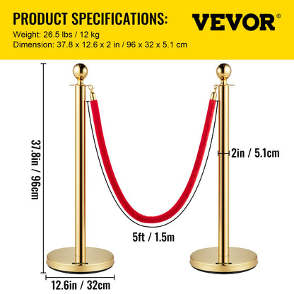 VEVOR Velvet Ropes and Posts Gold Stanchion 5ft1.5 m Crowd Control Barriers 2PCS