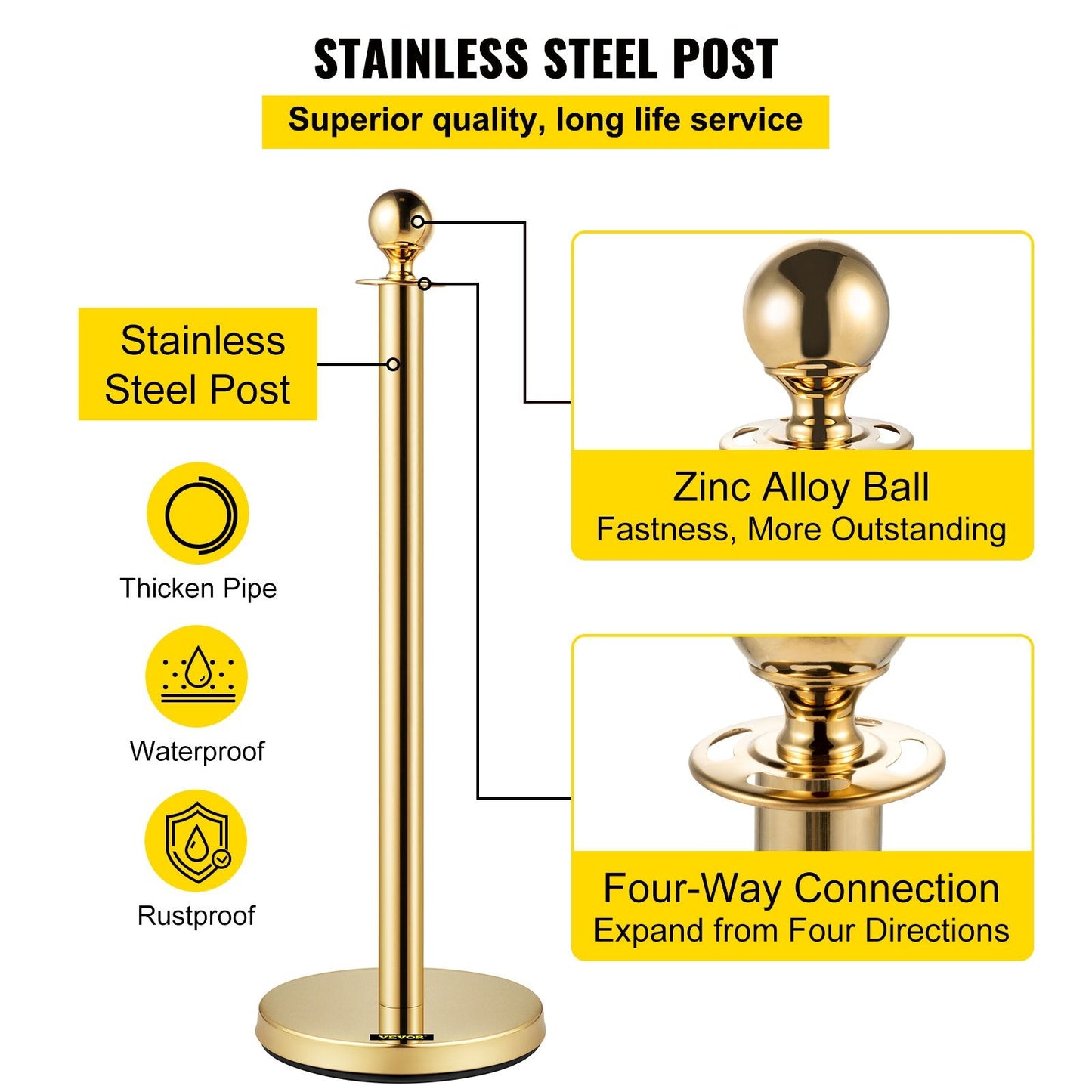 Gold Stainless Steel Stanchions with 1.5 m Red Velvet Rope, 4-Pack Set