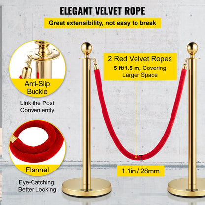 VEVOR Velvet Ropes and Posts, 5 ft/1.5 m Red Rope, Stainless Steel Gold Stanchion