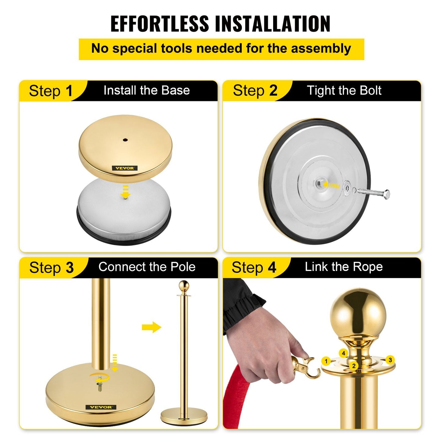 Gold Stainless Steel Stanchions with 1.5 m Red Velvet Rope, 4-Pack Set