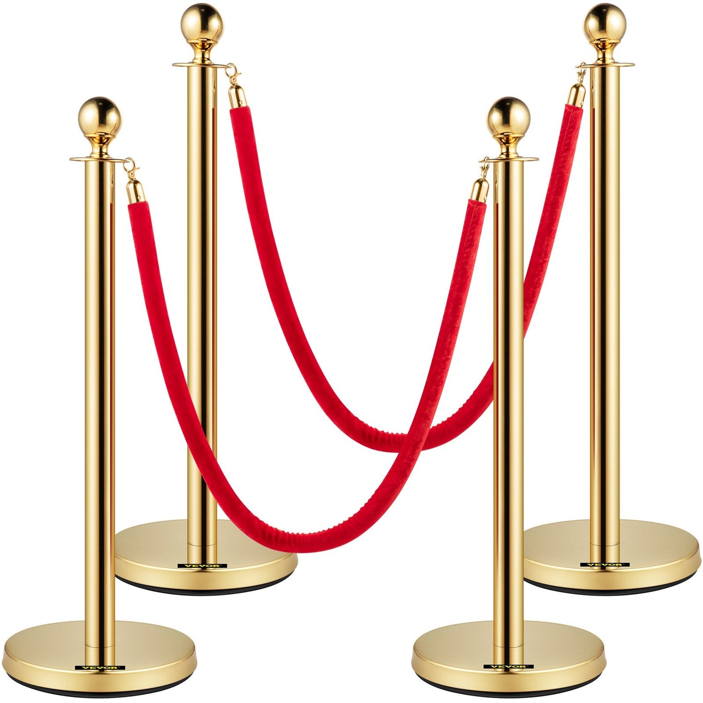 Gold Stainless Steel Stanchions with 1.5 m Red Velvet Rope, 4-Pack Set
