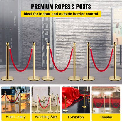 Gold Stanchion Set with 1.5m Red Velvet Ropes, 6-Pack Crowd Control Barriers
