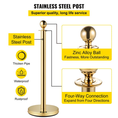 Gold Stanchion Set with 1.5m Red Velvet Ropes, 6-Pack Crowd Control Barriers