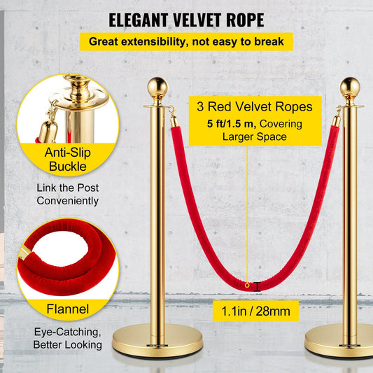 Gold Stanchion Set with 1.5m Red Velvet Ropes, 6-Pack Crowd Control Barriers