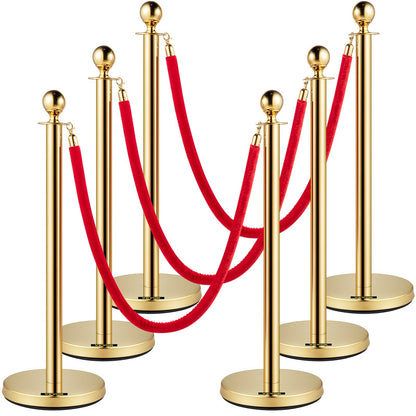 Gold Stanchion Set with 1.5m Red Velvet Ropes, 6-Pack Crowd Control Barriers