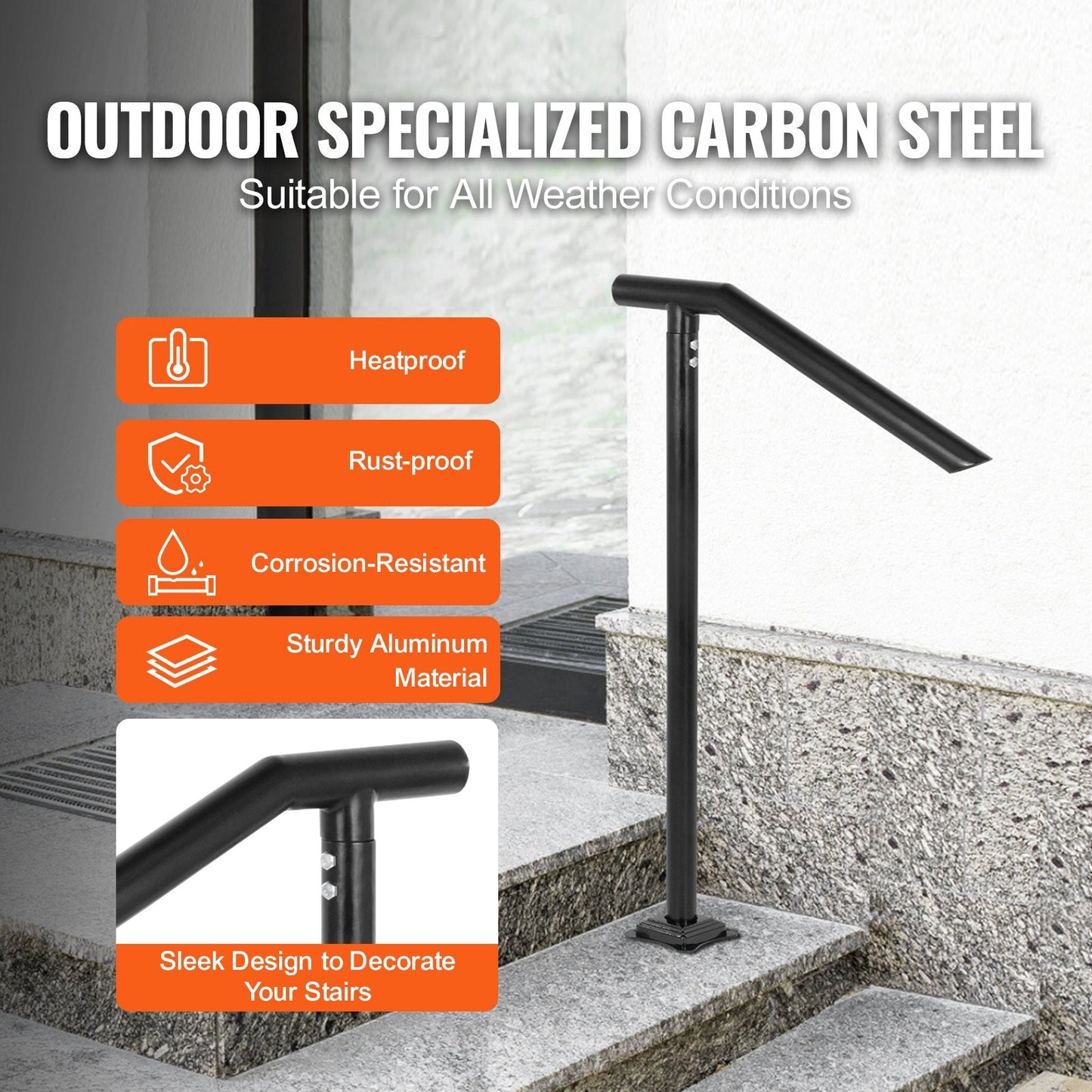 Steel Handrail for 2-3 Steps, 200 kg Capacity, Easy Assembly, Black Iron Design