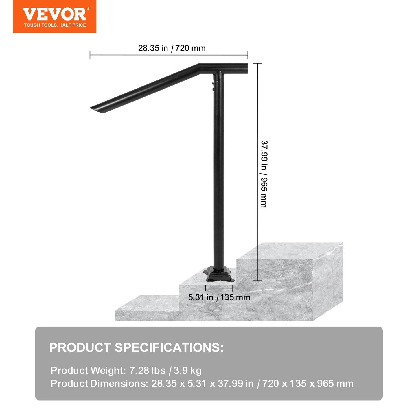 Steel Handrail for 2-3 Steps, 200 kg Capacity, Easy Assembly, Black Iron Design