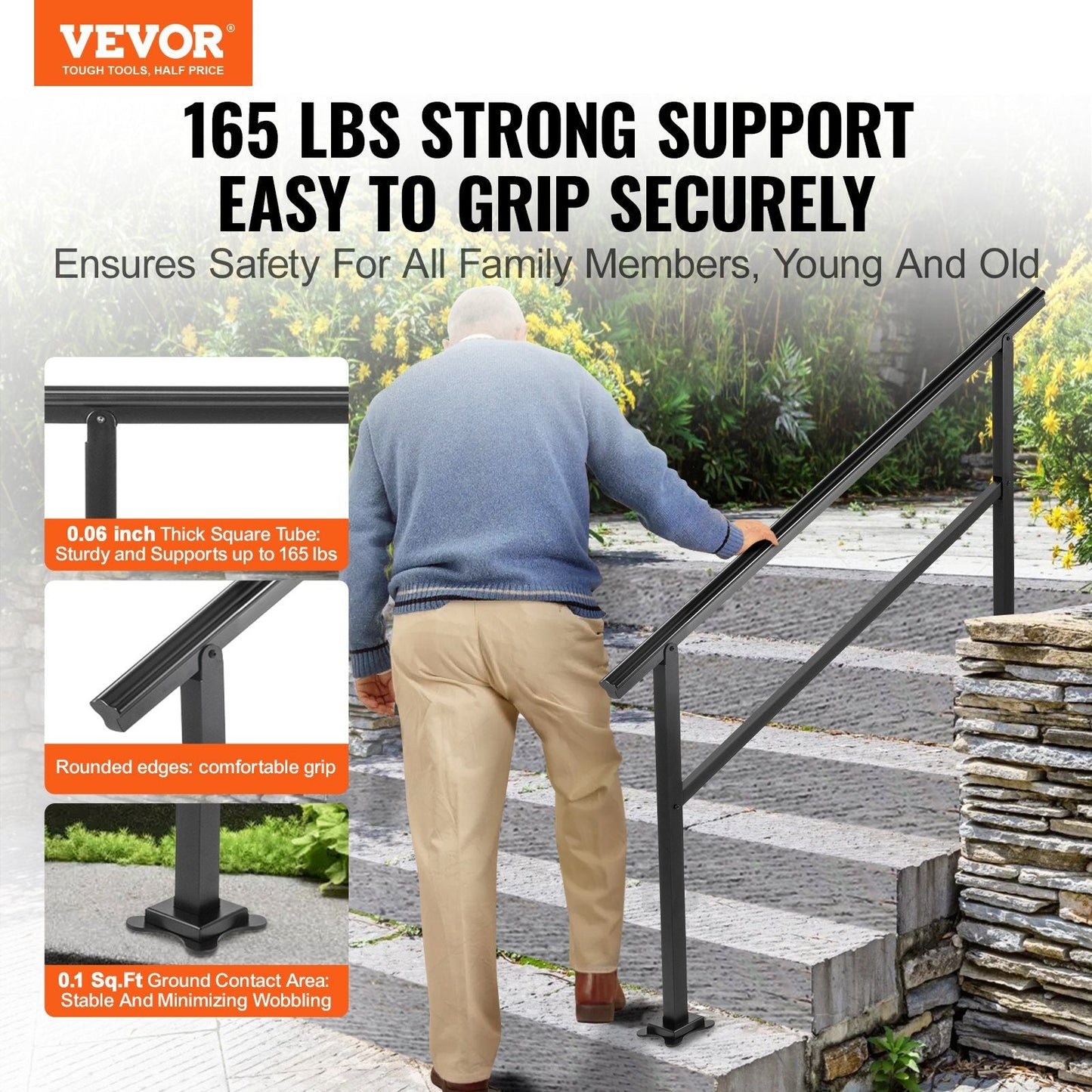 Adjustable Aluminum Outdoor Stair Handrail, Fits 4-5 Steps, 75 kg Load Capacity