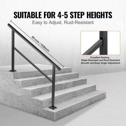 Adjustable Aluminum Outdoor Stair Handrail, Fits 4-5 Steps, 75 kg Load Capacity