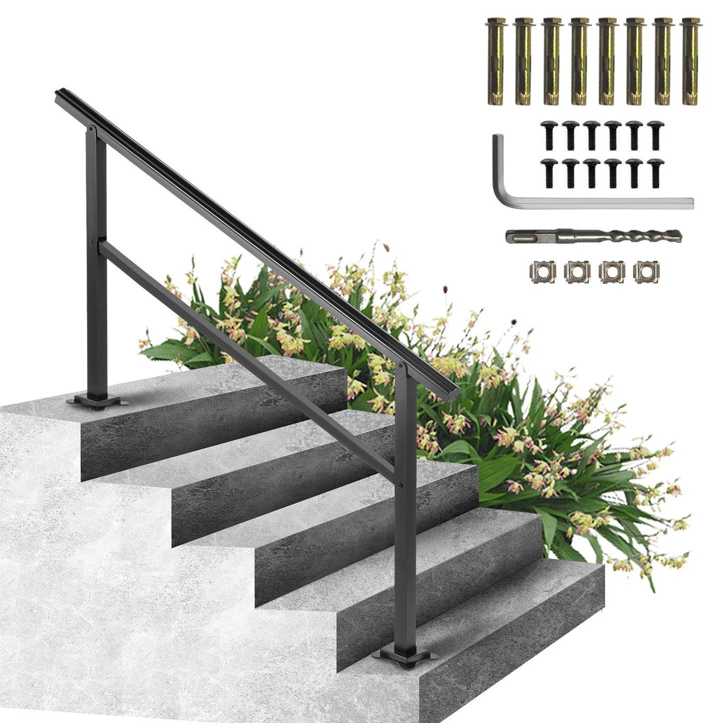 Adjustable Aluminum Outdoor Stair Handrail, Fits 4-5 Steps, 75 kg Load Capacity