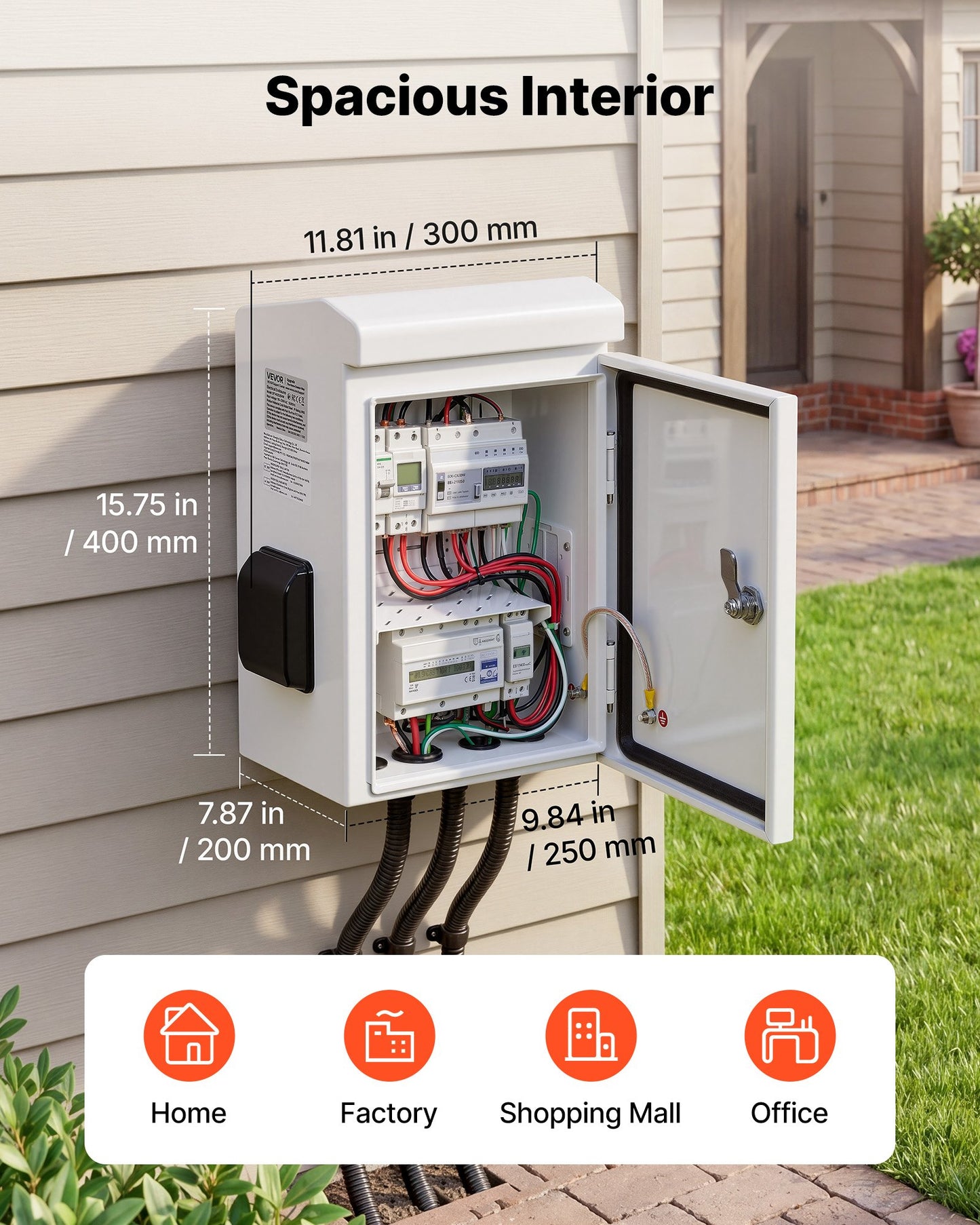 Outdoor Electrical Box, Cold-Rolled Steel, Electrical Junction Box with Thermostat and Fan, Rain Hood, Ventilated Design, IP65 Waterproof Hinged Enclosure, Wall/Pole Mounted, 400 x 300 x 200 mm