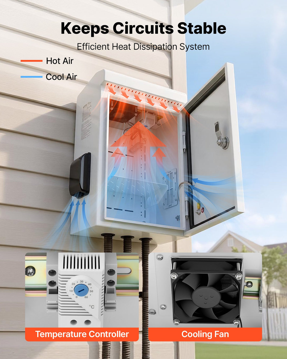 Outdoor Electrical Box, Cold-Rolled Steel, Electrical Junction Box with Thermostat and Fan, Rain Hood, Ventilated Design, IP65 Waterproof Hinged Enclosure, Wall/Pole Mounted, 400 x 300 x 200 mm
