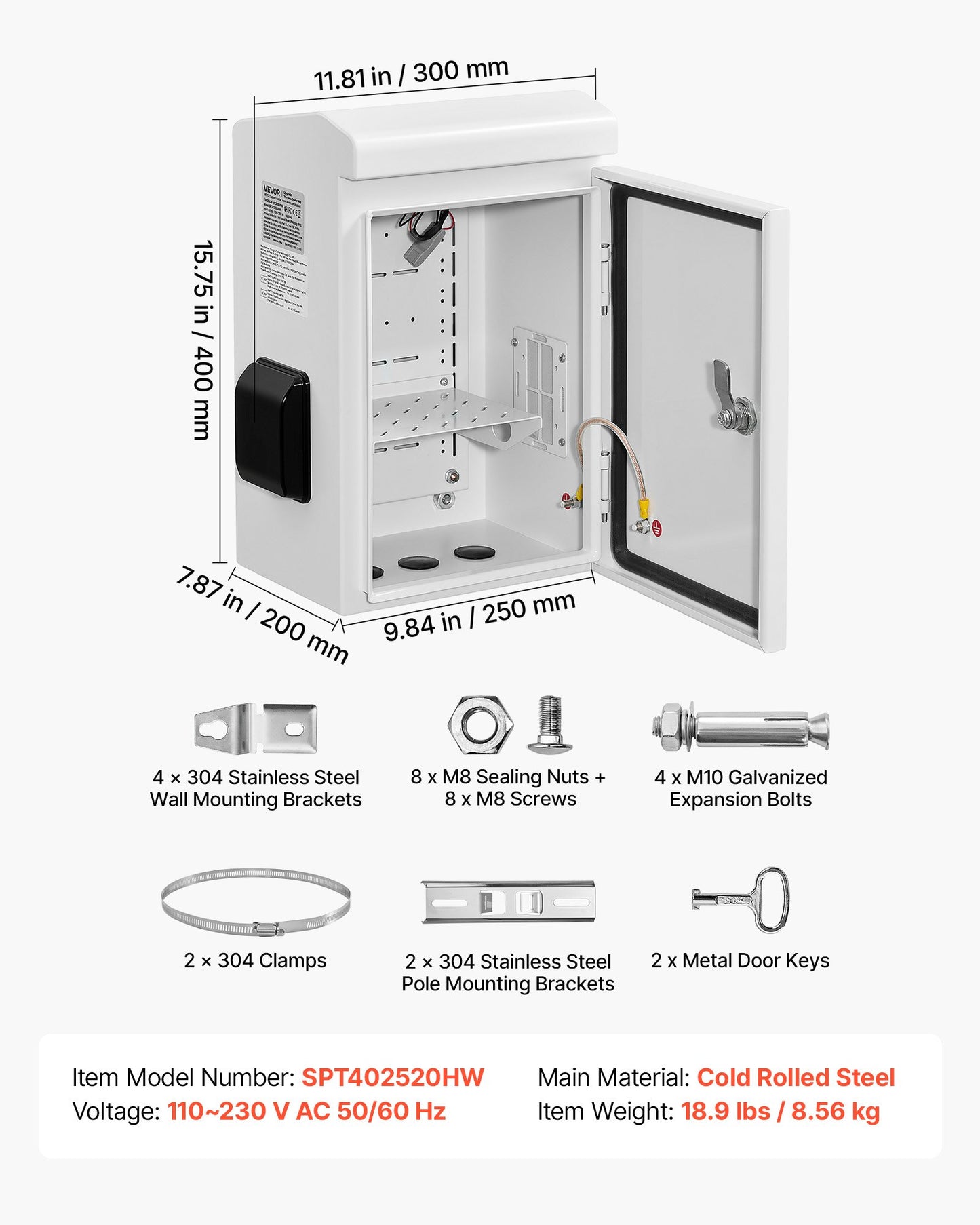 Outdoor Electrical Box, Cold-Rolled Steel, Electrical Junction Box with Thermostat and Fan, Rain Hood, Ventilated Design, IP65 Waterproof Hinged Enclosure, Wall/Pole Mounted, 400 x 300 x 200 mm