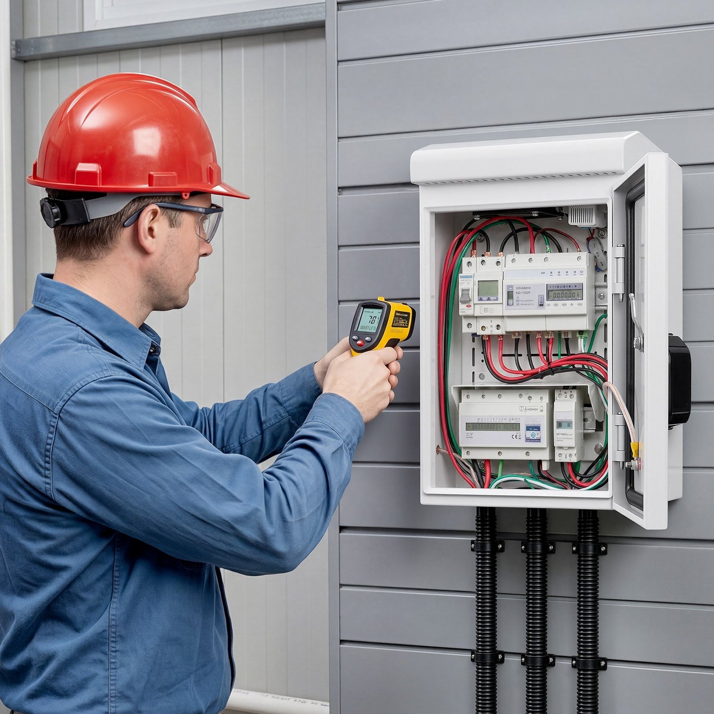 Outdoor Electrical Box, Cold-Rolled Steel, Electrical Junction Box with Thermostat and Fan, Rain Hood, Ventilated Design, IP65 Waterproof Hinged Enclosure, Wall/Pole Mounted, 400 x 300 x 200 mm