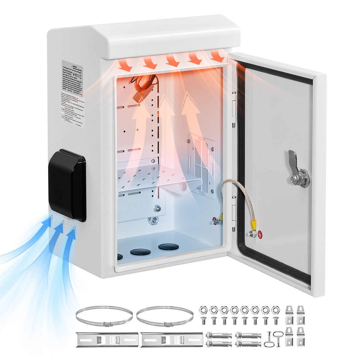 Outdoor Electrical Box, Cold-Rolled Steel, Electrical Junction Box with Thermostat and Fan, Rain Hood, Ventilated Design, IP65 Waterproof Hinged Enclosure, Wall/Pole Mounted, 400 x 300 x 200 mm