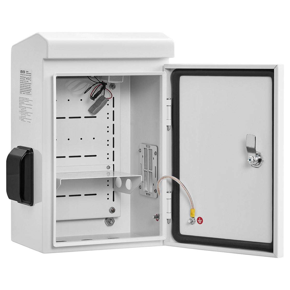 Outdoor Electrical Box, Cold-Rolled Steel, Electrical Junction Box with Thermostat and Fan, Rain Hood, Ventilated Design, IP65 Waterproof Hinged Enclosure, Wall/Pole Mounted, 400 x 300 x 200 mm