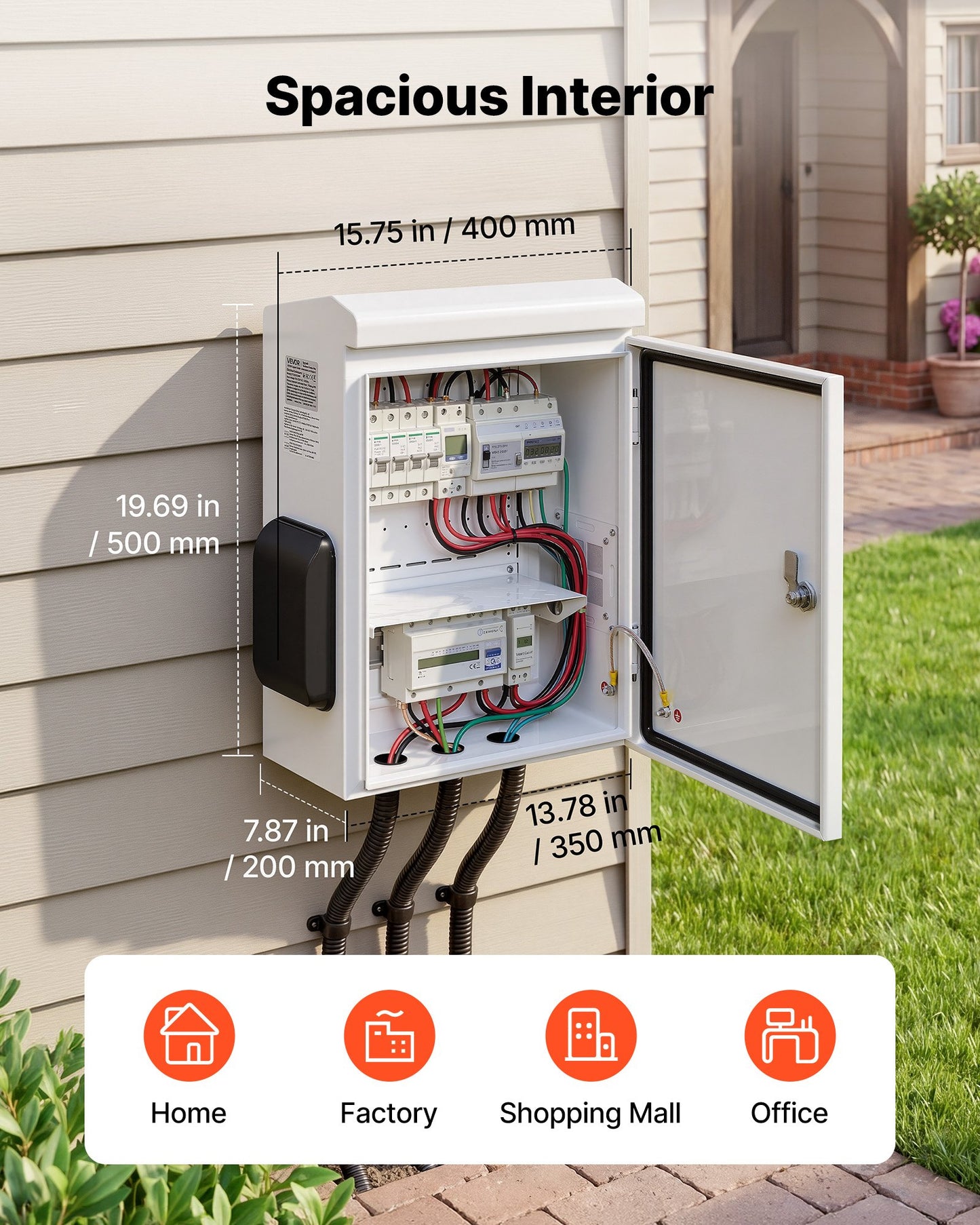 Outdoor Electrical Box, Cold-Rolled Steel, Electrical Junction Box with Thermostat and Fan, Rain Hood, Ventilated Design, IP65 Waterproof Hinged Enclosure, Wall/Pole Mounted, 500 x 400 x 200 mm