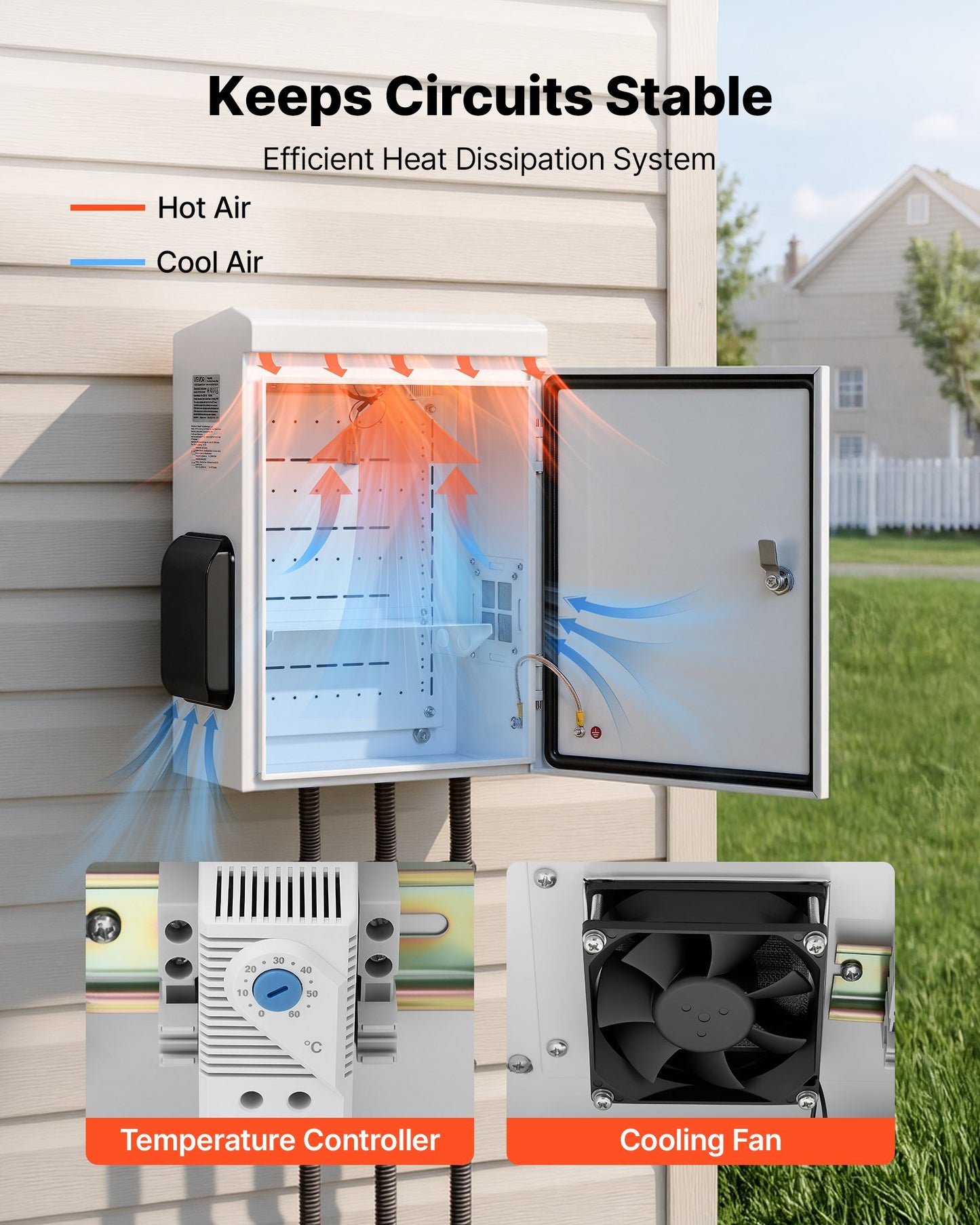 Outdoor Electrical Box, Cold-Rolled Steel, Electrical Junction Box with Thermostat and Fan, Rain Hood, Ventilated Design, IP65 Waterproof Hinged Enclosure, Wall/Pole Mounted, 500 x 400 x 200 mm