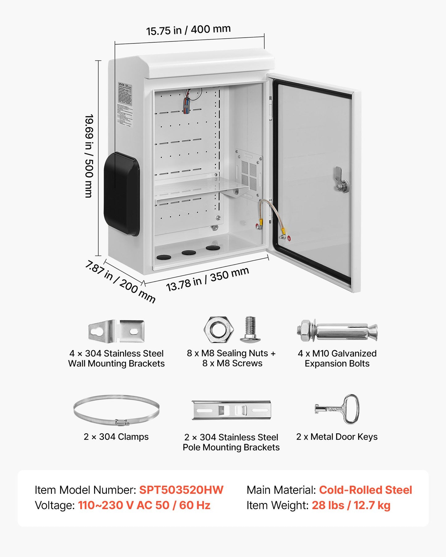 Outdoor Electrical Box, Cold-Rolled Steel, Electrical Junction Box with Thermostat and Fan, Rain Hood, Ventilated Design, IP65 Waterproof Hinged Enclosure, Wall/Pole Mounted, 500 x 400 x 200 mm
