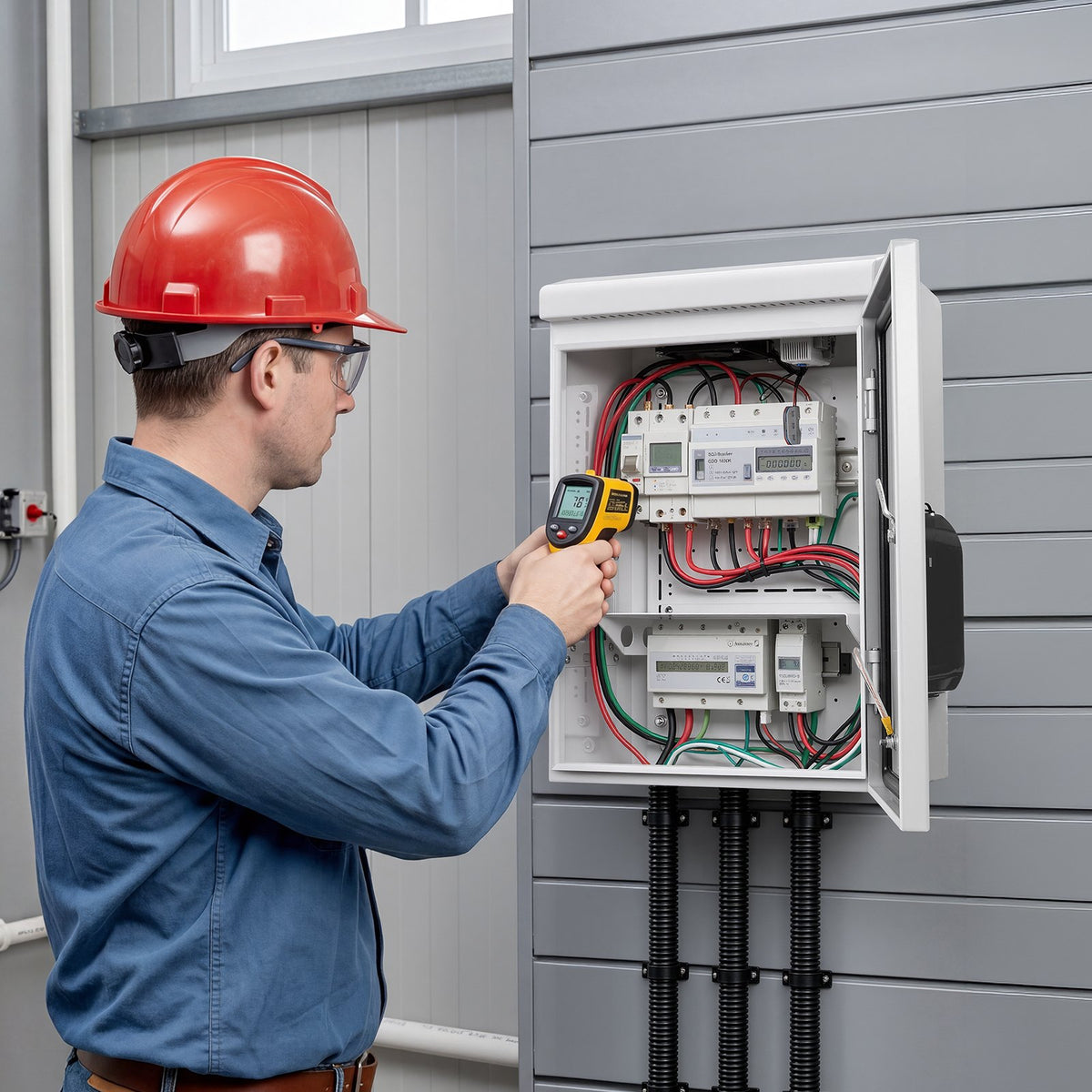 Outdoor Electrical Box, Cold-Rolled Steel, Electrical Junction Box with Thermostat and Fan, Rain Hood, Ventilated Design, IP65 Waterproof Hinged Enclosure, Wall/Pole Mounted, 500 x 400 x 200 mm