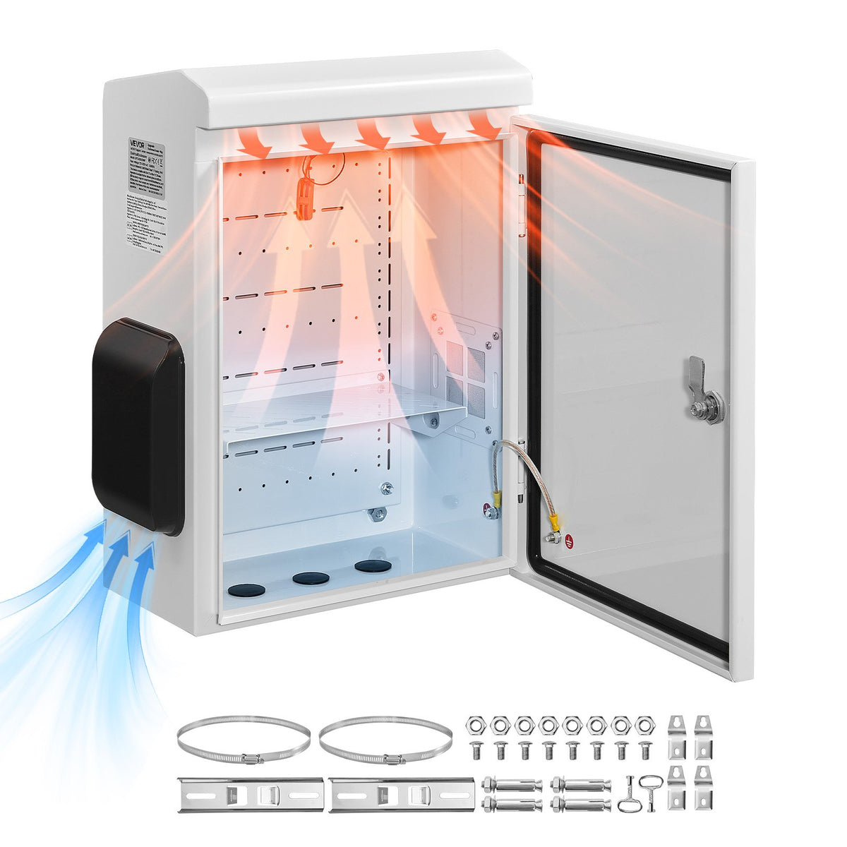 Outdoor Electrical Box, Cold-Rolled Steel, Electrical Junction Box with Thermostat and Fan, Rain Hood, Ventilated Design, IP65 Waterproof Hinged Enclosure, Wall/Pole Mounted, 500 x 400 x 200 mm