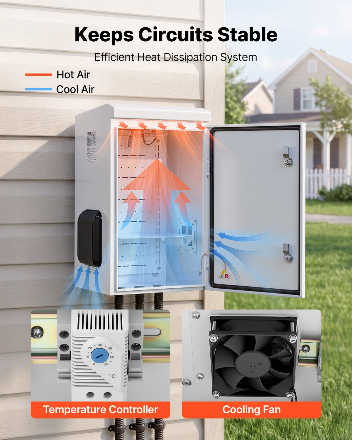 Outdoor Electrical Box, Cold-Rolled Steel, Electrical Junction Box with Thermostat and Fan, Rain Hood, Ventilated Design, IP65 Waterproof Hinged Enclosure, Wall/Pole Mounted, 600 x 400 x 300 mm